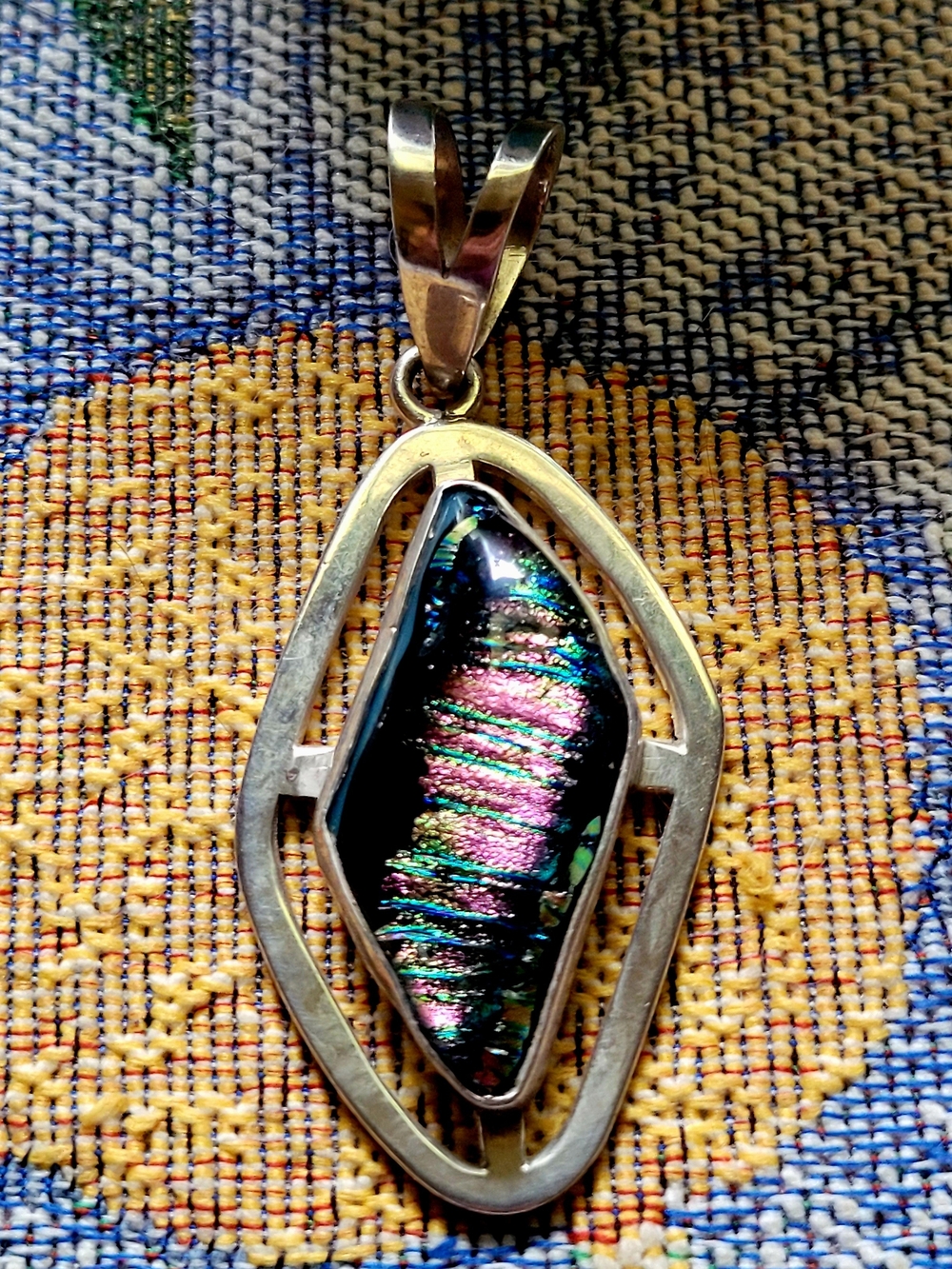 Handcrafted Dichroic Glass Pendant in Pink and Green with  Sterling Silver
